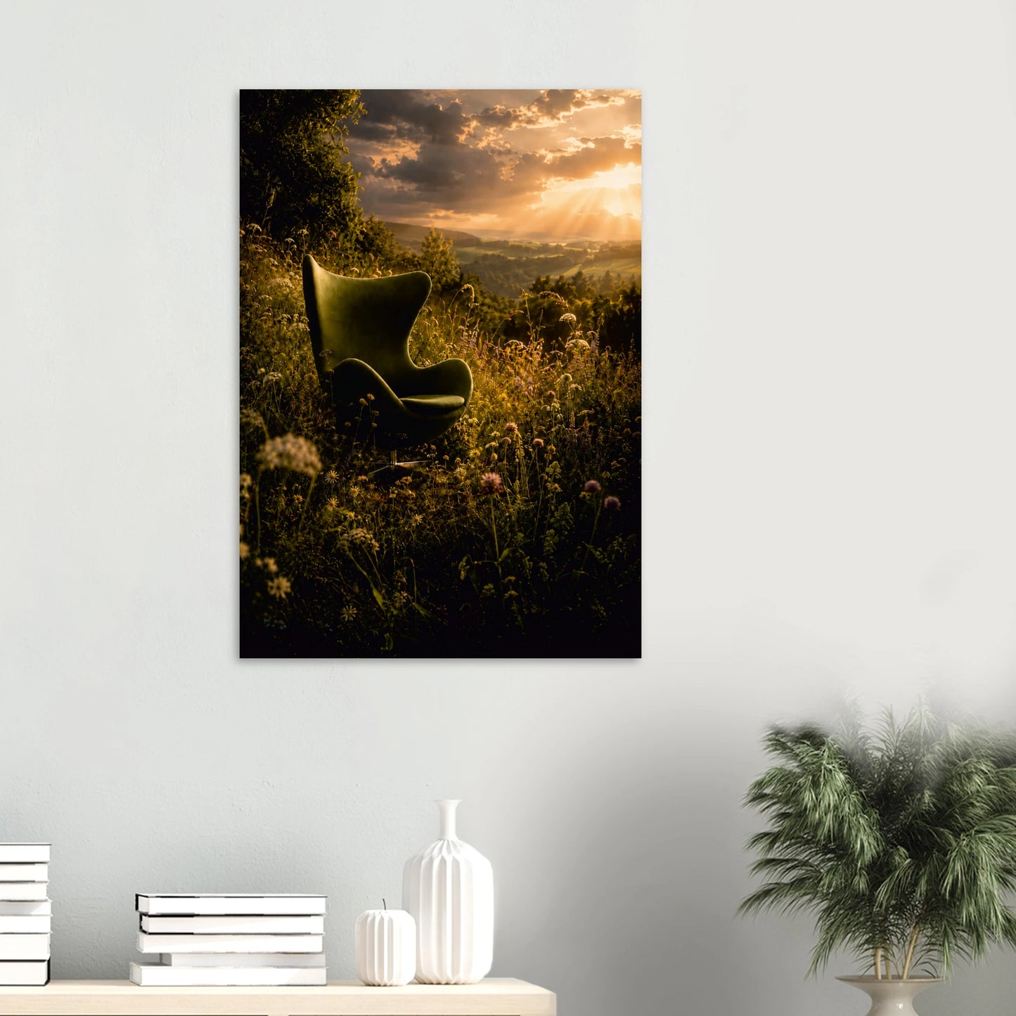 A vertical canvas wall art print depicting a dark green egg armchair in a sunlit wildflower field at sunset, displayed on a light gray wall above a console table with books and a plant.