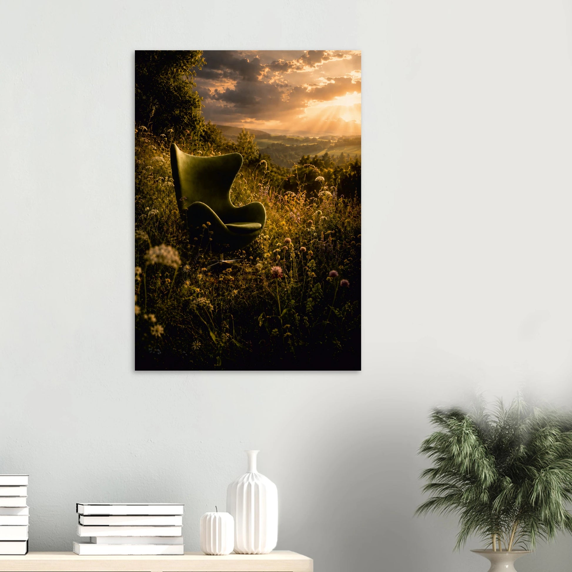 A vertical canvas wall art print depicting a dark green egg armchair in a sunlit wildflower field at sunset, displayed on a light gray wall above a console table with books and a plant.
