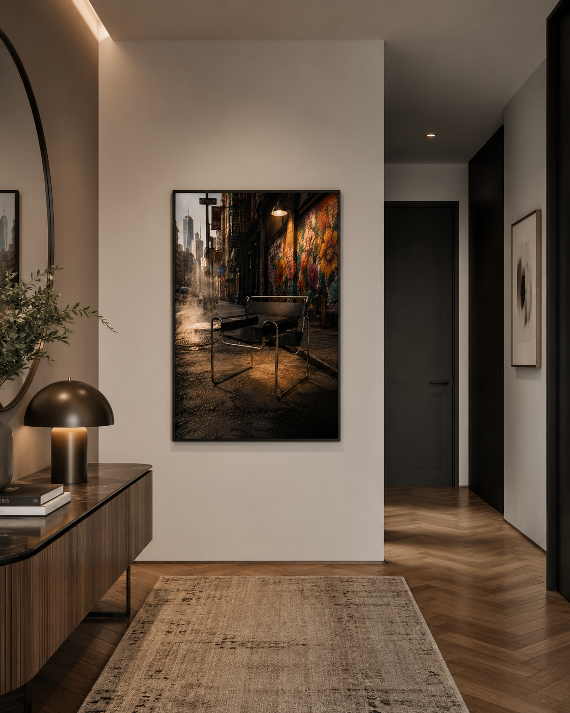 A framed vertical art print depicting a moody urban alleyway with a chair and warm streetlights, displayed on a white wall in a modern, stylishly decorated interior hallway with wood floors and a rug. The Chair was Looking for Trouble and found exactly the right alley. A Wassily Chair-inspired piece, its angular tubular steel frame and leather slings unmistakable even in the dark, sits alone on rain-slicked cobblestones as a warm street lamp burns overhead. Vivid graffiti murals blaze on the wall behind it,