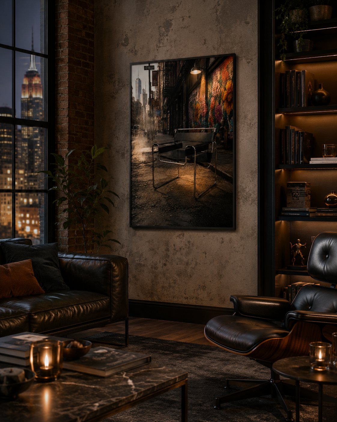 A vertical canvas wall art print depicting a moody city alleyway at night, styled in a modern, dark-themed living room with leather furniture and warm ambient lighting. The Chair was Looking for Trouble and found exactly the right alley. A Wassily Chair-inspired piece, its angular tubular steel frame and leather slings unmistakable even in the dark, sits alone on rain-slicked cobblestones as a warm street lamp burns overhead. Vivid graffiti murals blaze on the wall behind it, the wet ground reflects the lig
