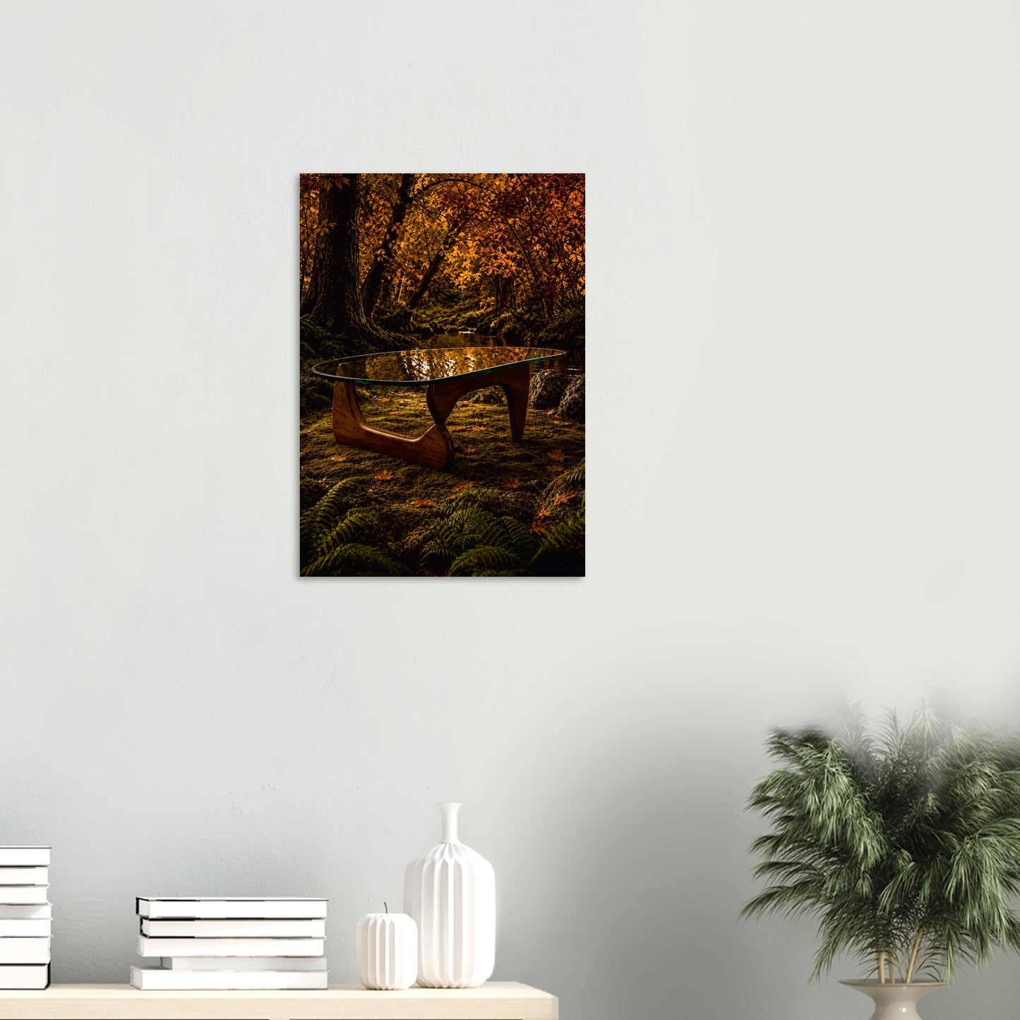 Noguchi-inspired coffee table in a moody autumnal forest. Amber and burnt orange giclee print inspired by original designs. 200gsm FSC paper. Ships worldwide.