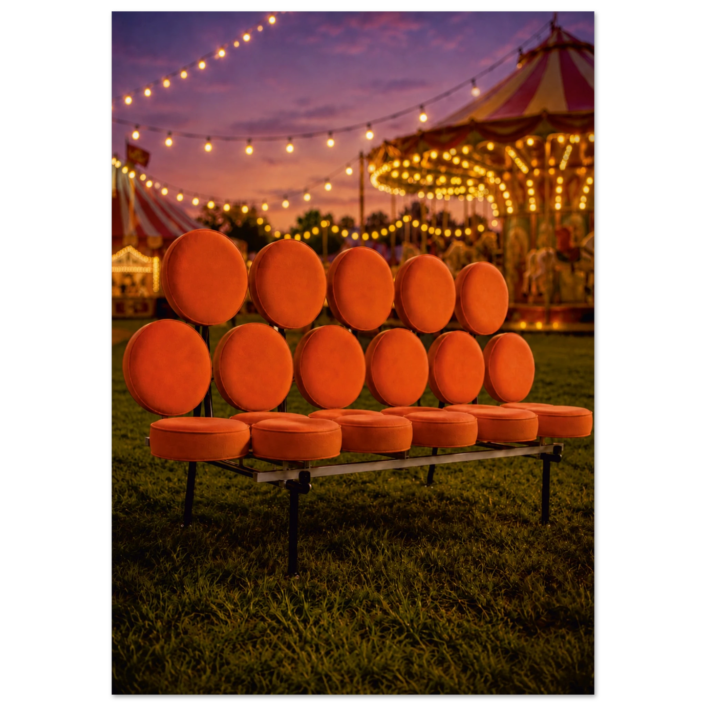 A Life Less Ordinary is the sofa that looked at a carnival and thought, yes, this is my moment. A Marshmallow Sofa-inspired piece, its grid of vivid orange circular cushions glowing under strings of warm fairy lights, sits outdoors at dusk as the sky deepens to a rich purple-blue behind it. It is festive, joyful and completely at home. The sofa has always known it was made for more than a living room.