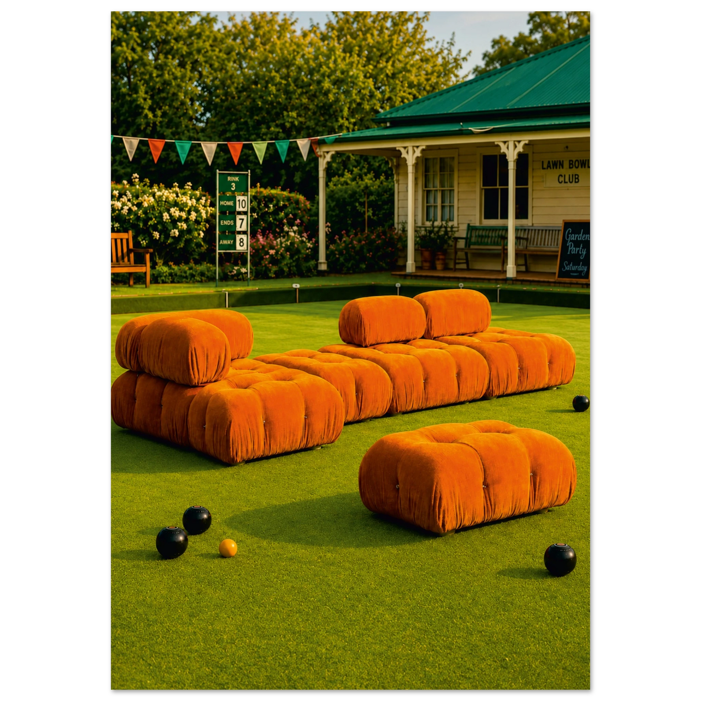 Orange tufted lounge seating arranged on green grass in front of a clubhouse with trees and bunting in the background.