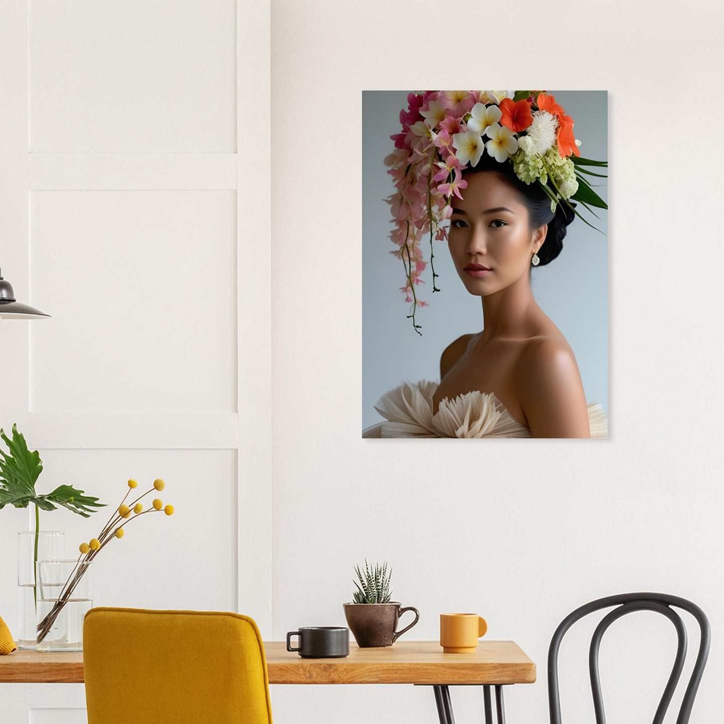 A vertical wall art print depicting a woman with a large floral headdress, displayed on a white wall above a wooden dining table with chairs and mugs.