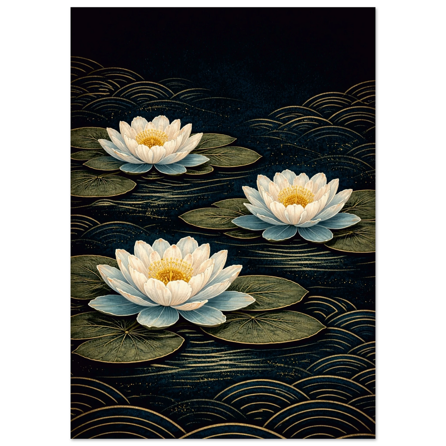 A vertical art print depicting three white water lilies with pale blue undersides and yellow centers floating on dark green lily pads over a dark navy blue water surface with gold wave patterns.