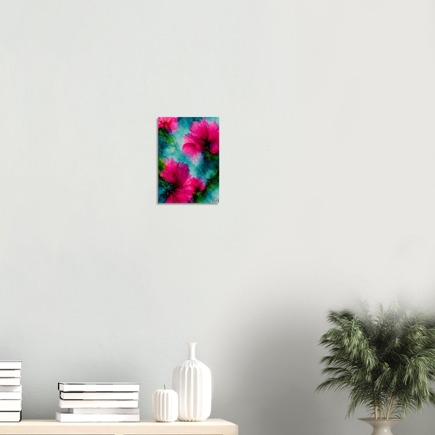 Moody floral giclee print — vivid hot pink blooms against bright aqua teal & forest green. Inspired by original alcohol ink artworks. 200gsm FSC paper.