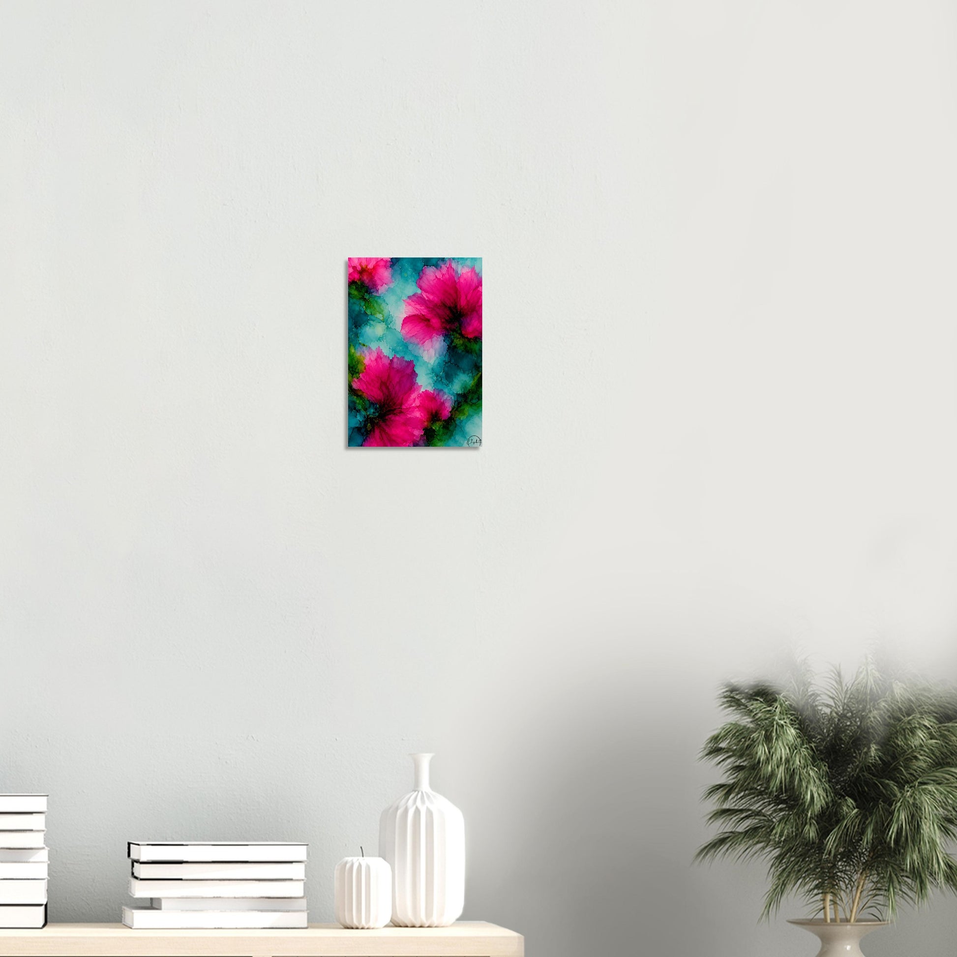 Moody floral giclee print — vivid hot pink blooms against bright aqua teal & forest green. Inspired by original alcohol ink artworks. 200gsm FSC paper.