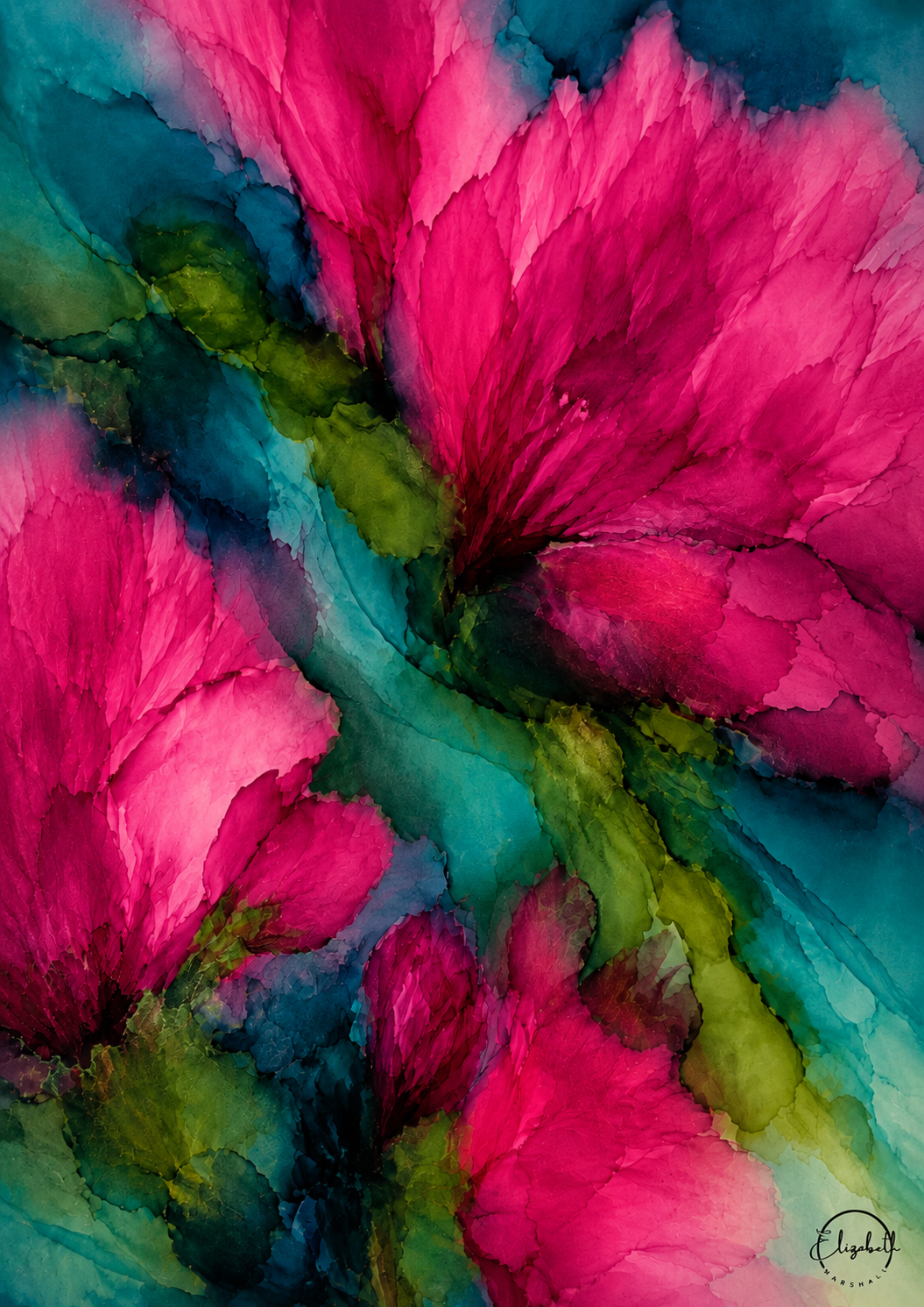 Abstract floral watercolor painting featuring vibrant magenta-pink blossoms with deep teal and green watercolor washes.