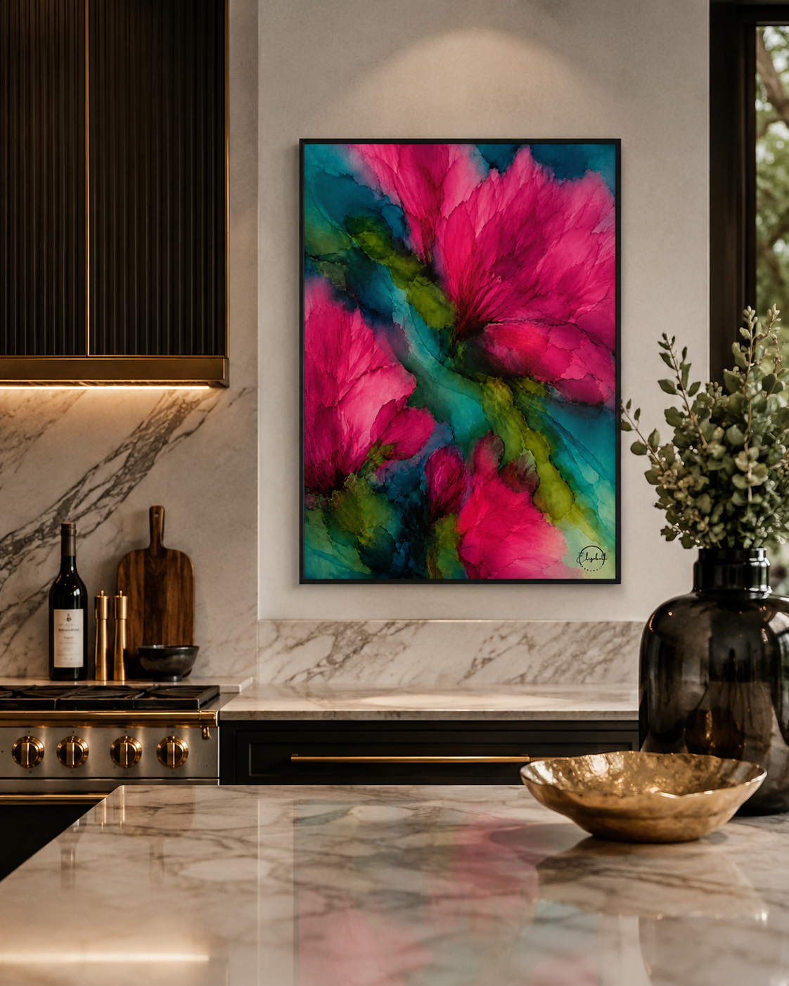 A framed abstract floral wall art print featuring vibrant pink and teal flowers with green accents, displayed in a modern kitchen setting above a marble countertop.
