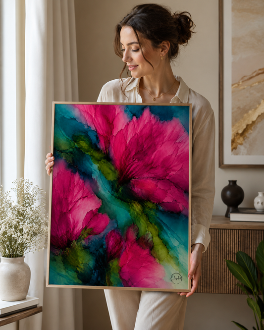 A woman in a beige shirt holds a framed abstract painting featuring vibrant pink and teal floral-like brushstrokes with green accents, set in a bright, modern room.