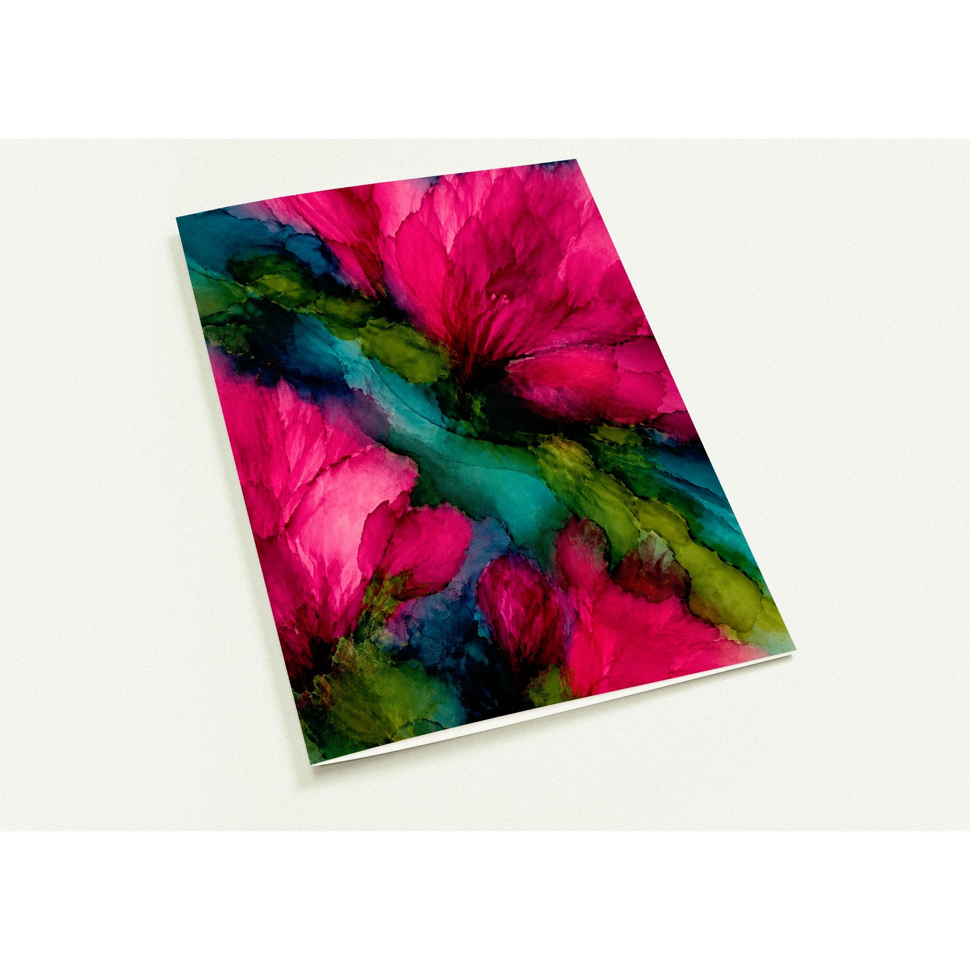 A rectangular art card featuring an abstract floral design with vivid hot pink petals and teal, green, and dark blue watercolor-like washes, shown at an angle on a light gray background.