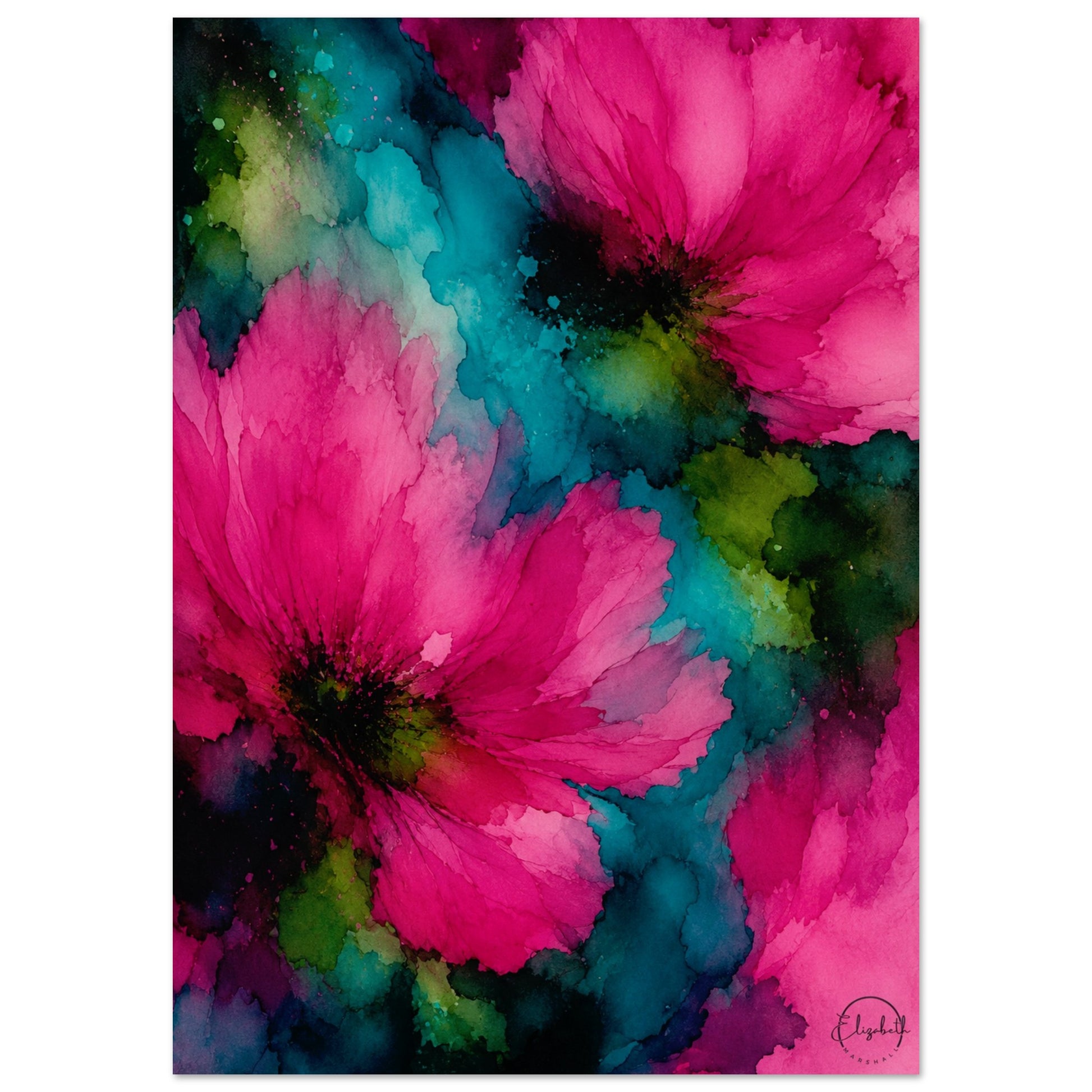 Abstract watercolor floral art print featuring large vibrant pink flowers with deep green and teal watercolor washes on a white background.