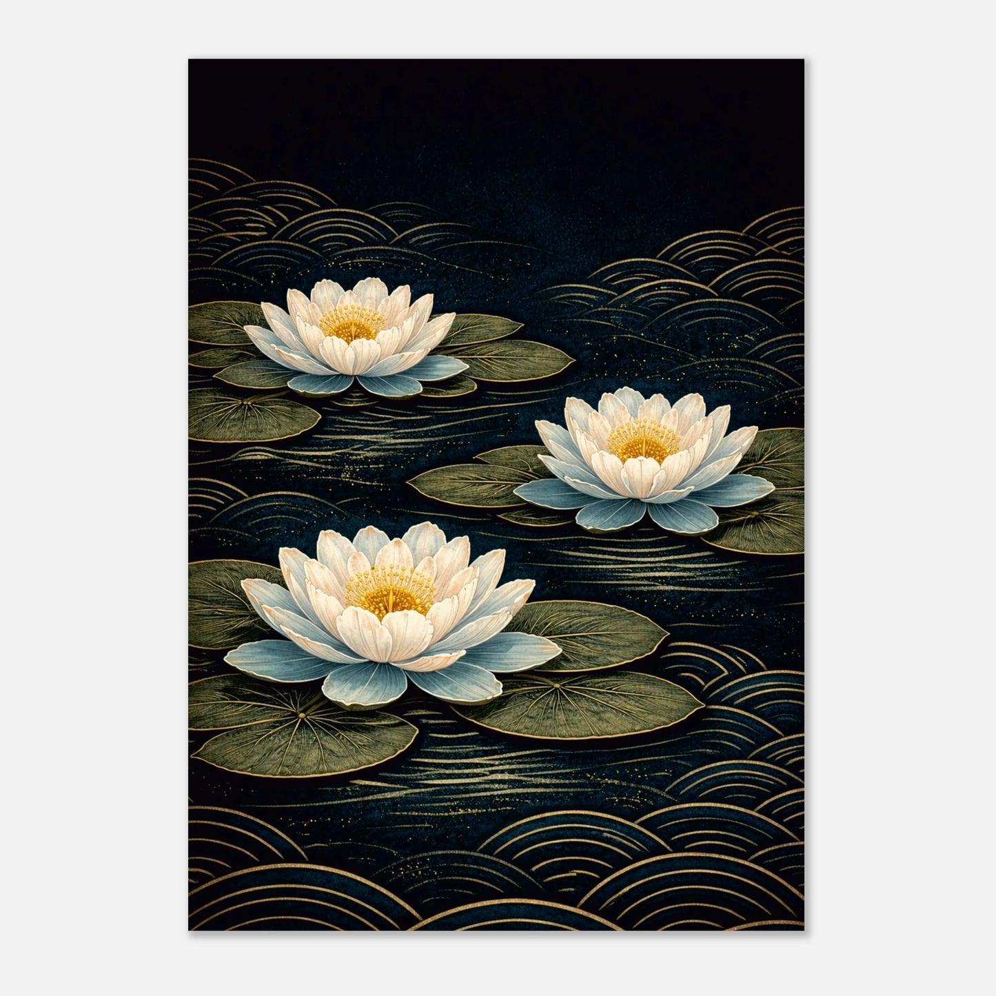 A vertical art print depicting three white water lilies with yellow centers floating on dark green lily pads over a dark navy blue water surface with gold wave patterns, shown against a light gray background.