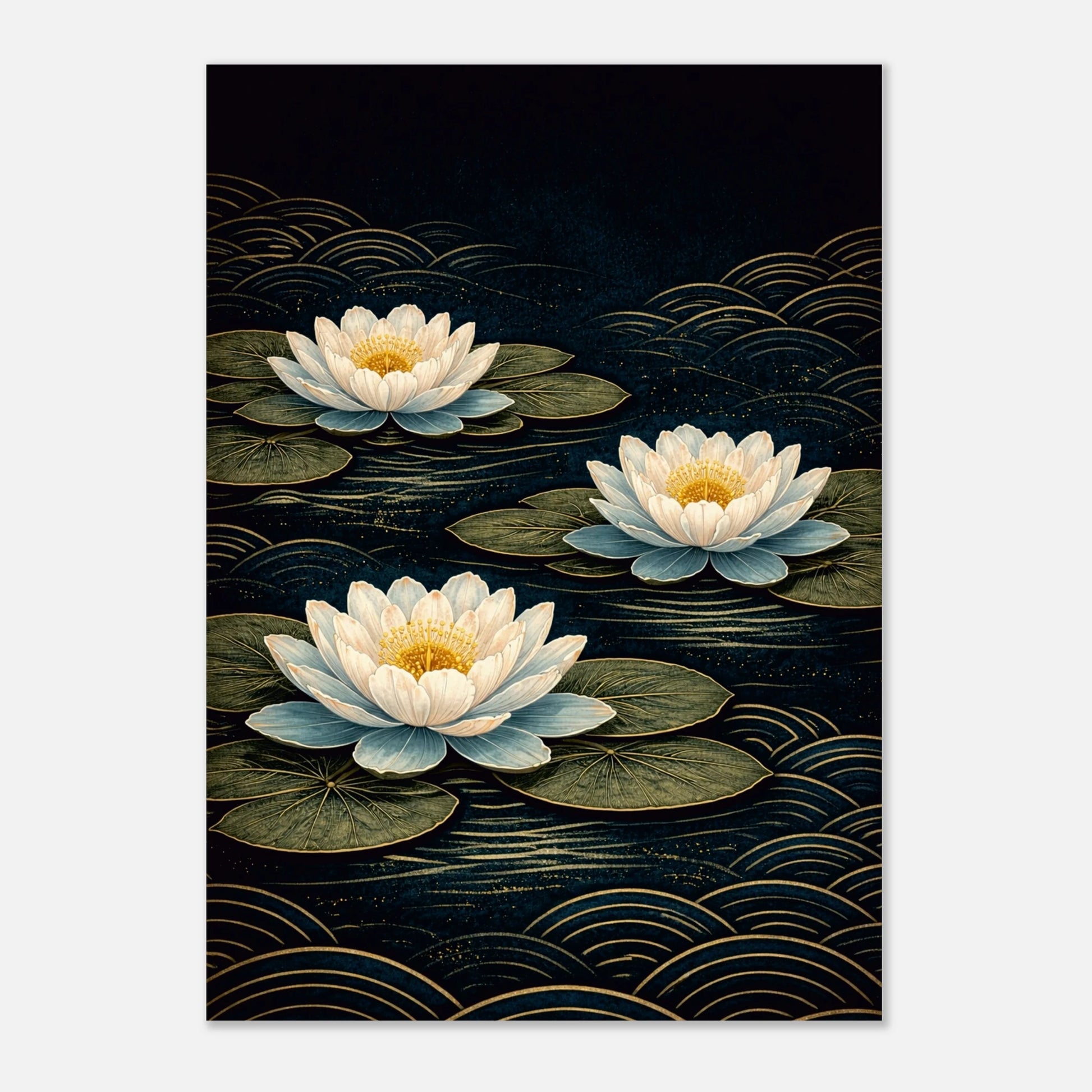 A vertical art print depicting three white water lilies with yellow centers floating on dark green lily pads over a dark navy blue water surface with gold wave patterns, shown against a light gray background.