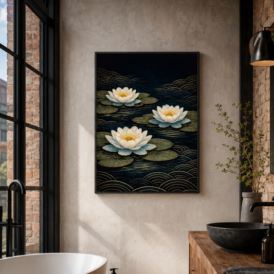A framed wall art print depicting three white water lilies on dark green lily pads over a deep navy blue water background, styled in a modern rustic bathroom next to a freestanding bathtub and wooden vanity.