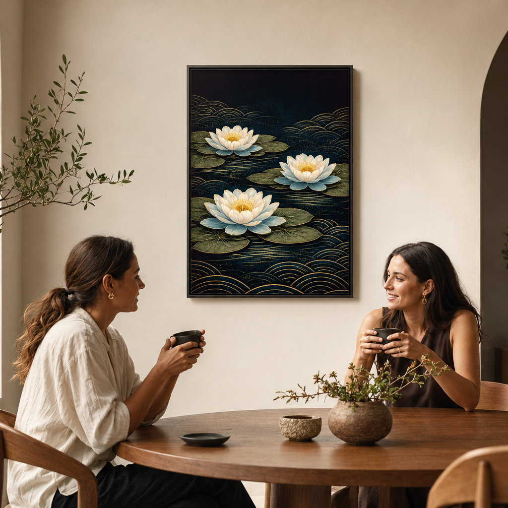 A framed wall art print depicting white water lilies on dark water, hung above a wooden dining table where two women are seated and holding cups in a warm, modern interior.