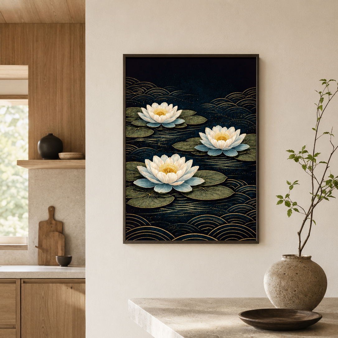 A framed wall art print featuring three white water lilies on a dark navy water surface with green lily pads and gold wave lines, displayed in a modern kitchen interior above a stone countertop.