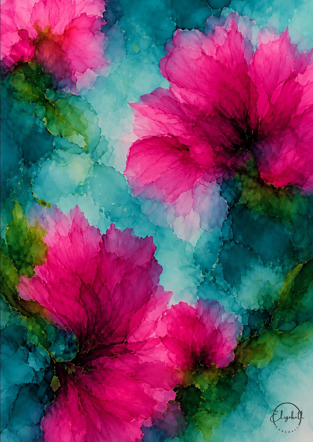 Watercolor floral art print featuring vibrant magenta pink hibiscus flowers with green leaves on a textured teal and turquoise background.