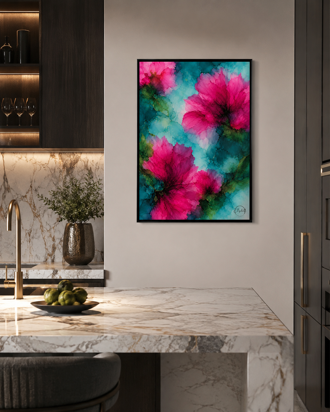 A framed wall art print featuring large vivid pink flowers on a teal and blue watercolor-style background, displayed above a marble kitchen counter in a modern kitchen setting.