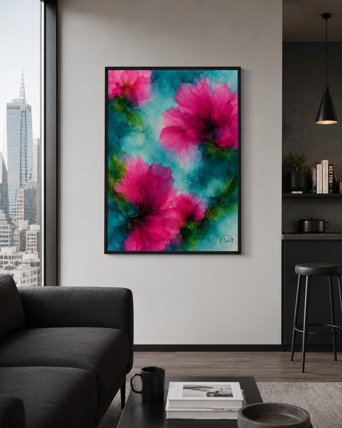 A framed vertical canvas print featuring vibrant pink flowers on a teal and green abstract background, displayed on a light gray wall in a modern living room setting.