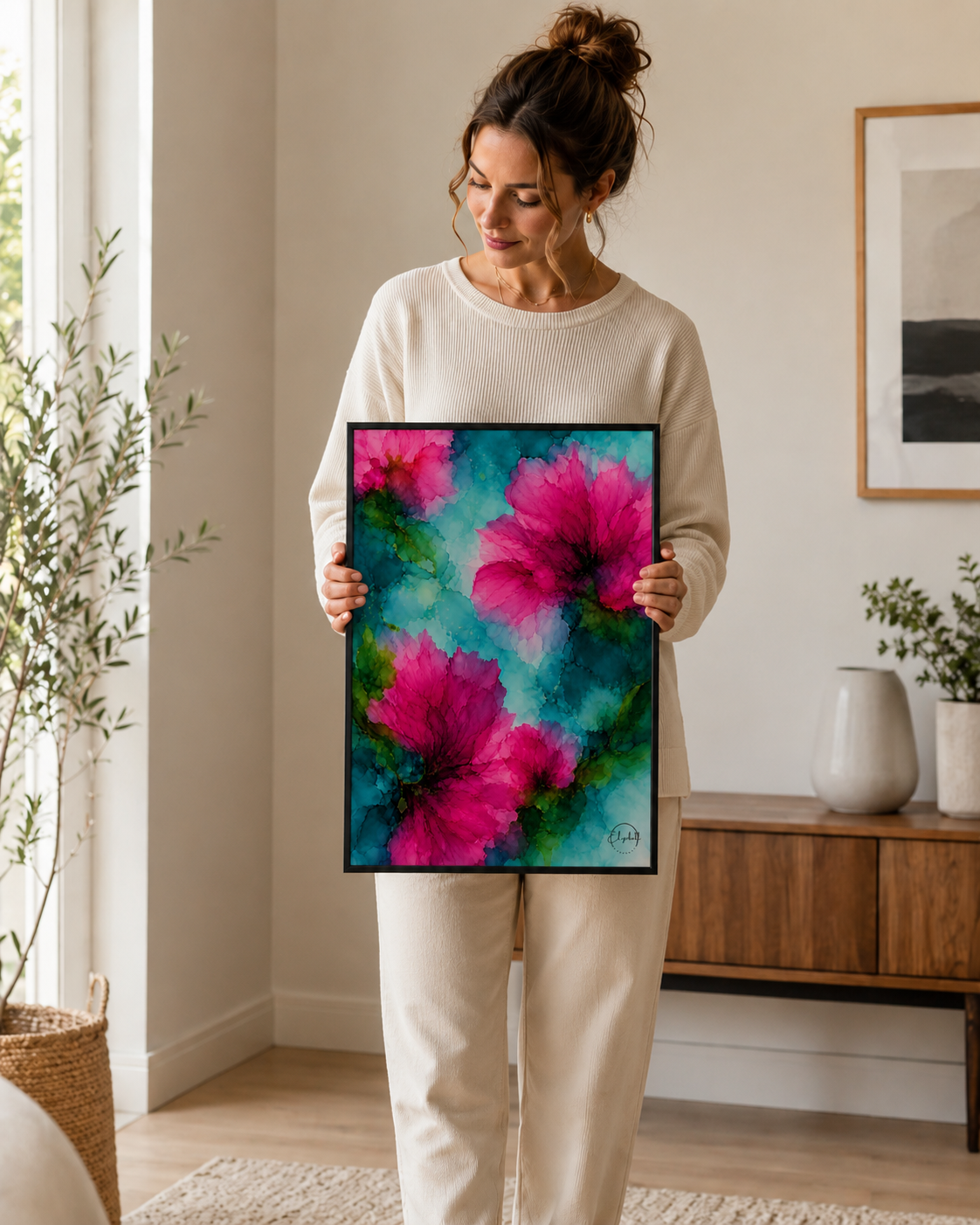 A woman in a cream-colored lounge set holds up a framed art print featuring vibrant pink flowers on a teal and green watercolor background, set in a bright, modern living room.