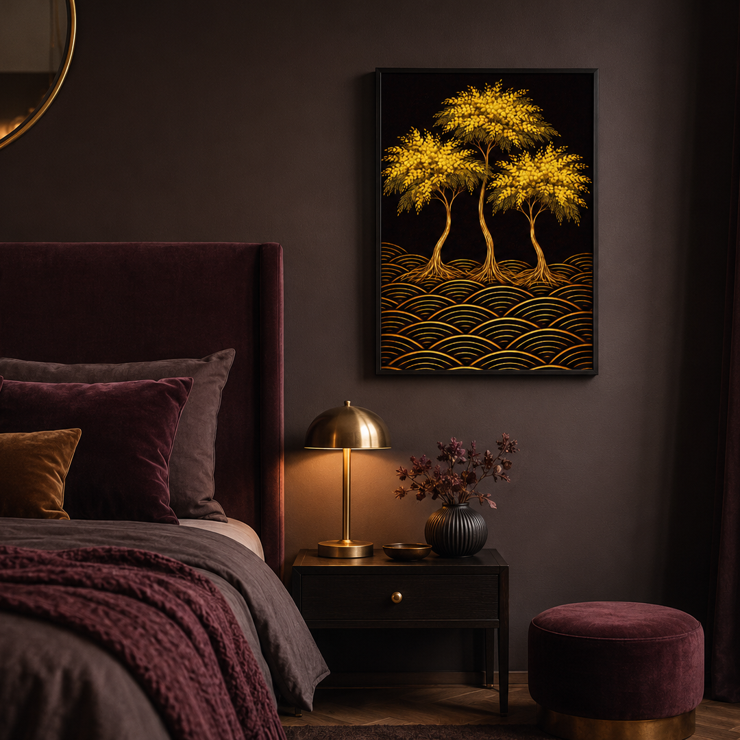 A framed wall art print showing three glowing golden trees above gold wave-like patterns on a black background, displayed above a bed in a dark, moody bedroom with burgundy bedding, a bedside lamp, and a matching stool.