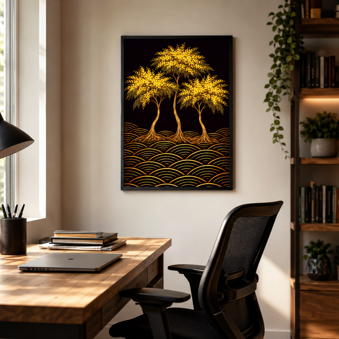 A framed wall art print featuring three glowing golden wattle trees above layered gold wave patterns on a black background, displayed above a wooden desk in a modern home office setting.