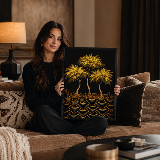 A woman sits on a brown sofa in a cozy living room, holding up a framed black art print featuring three glowing golden wattle trees and gold wave patterns at the bottom.