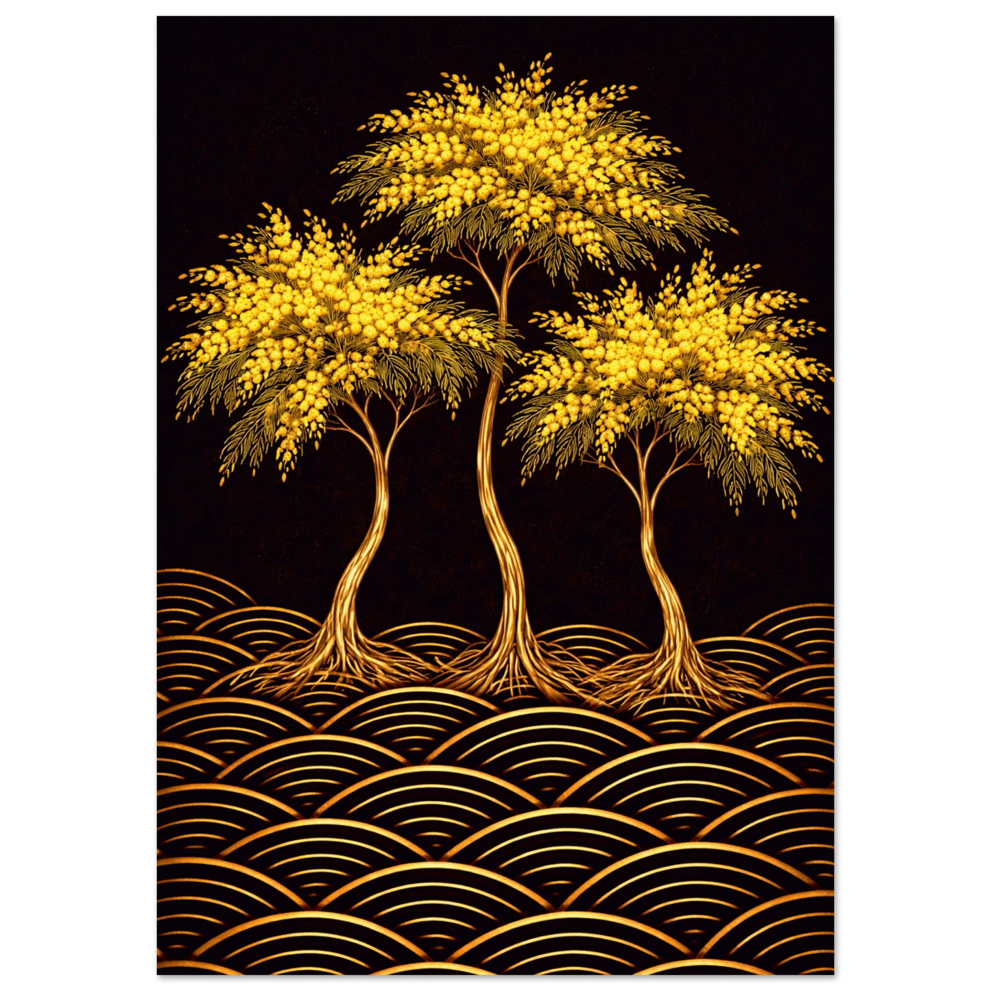 A vertical art print featuring three golden trees with dense yellow foliage and gold trunks, set against a solid black background with a wave pattern in gold at the bottom.
