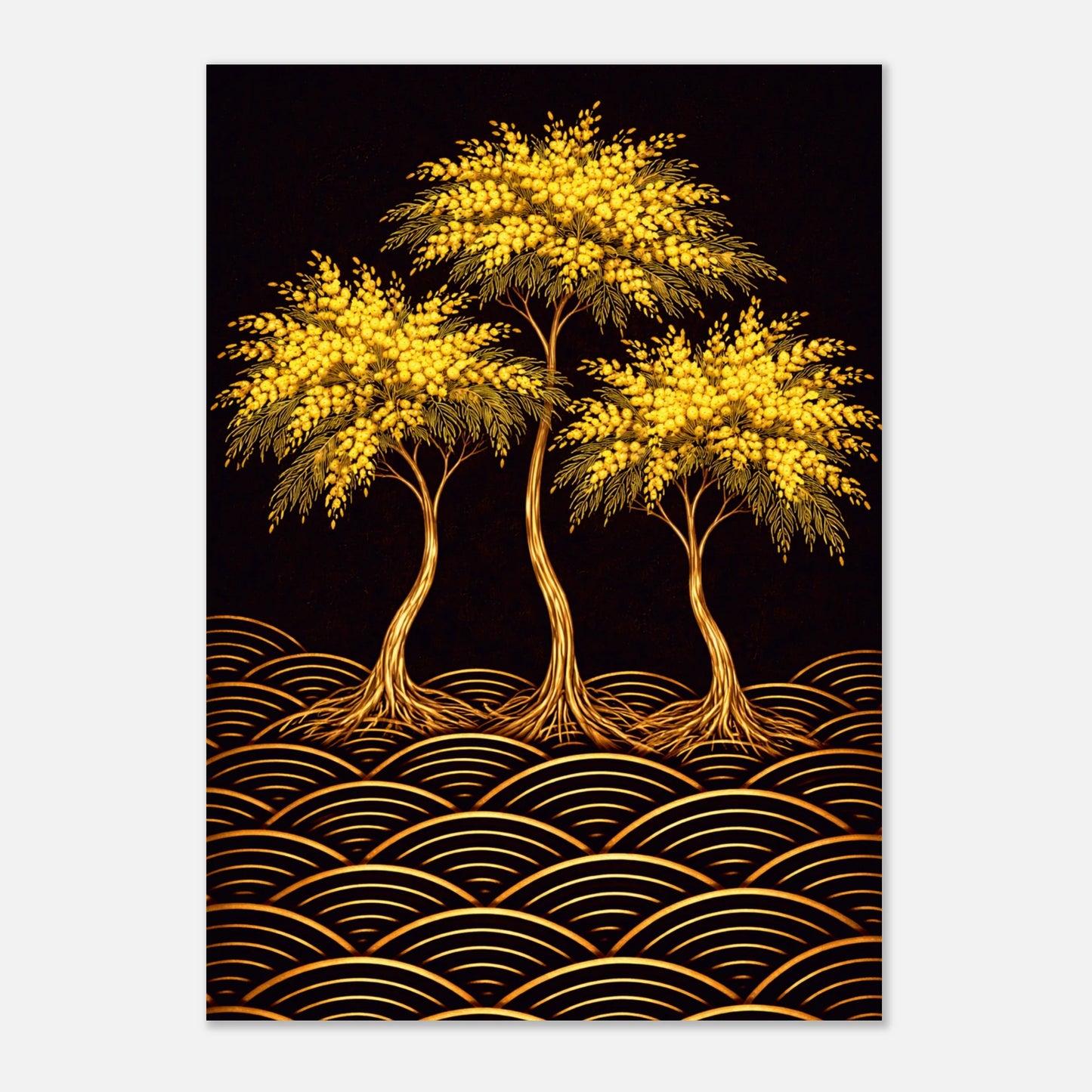 A vertical art print featuring three stylized golden wattle trees with intricate root systems and wave-like gold patterns on a black background, shown against a light gray backdrop.