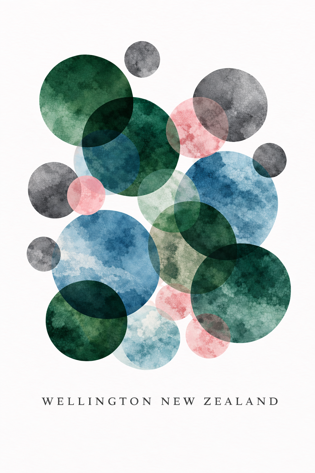 A minimalist art print featuring overlapping watercolor circles in shades of dark green, blue, pink, and gray on a white background, with the text 'WELLINGTON NEW ZEALAND' printed below in a clean serif font.