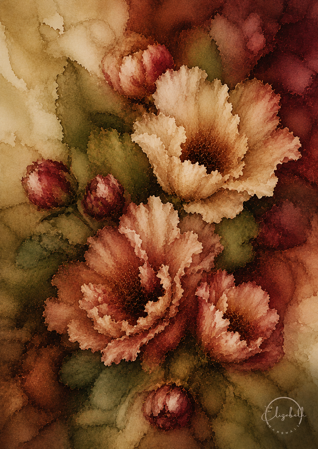Watercolor-style floral artwork showing large ruffled flowers in warm beige, blush, and rust tones with green and brown leaves on a mottled cream and burgundy background.