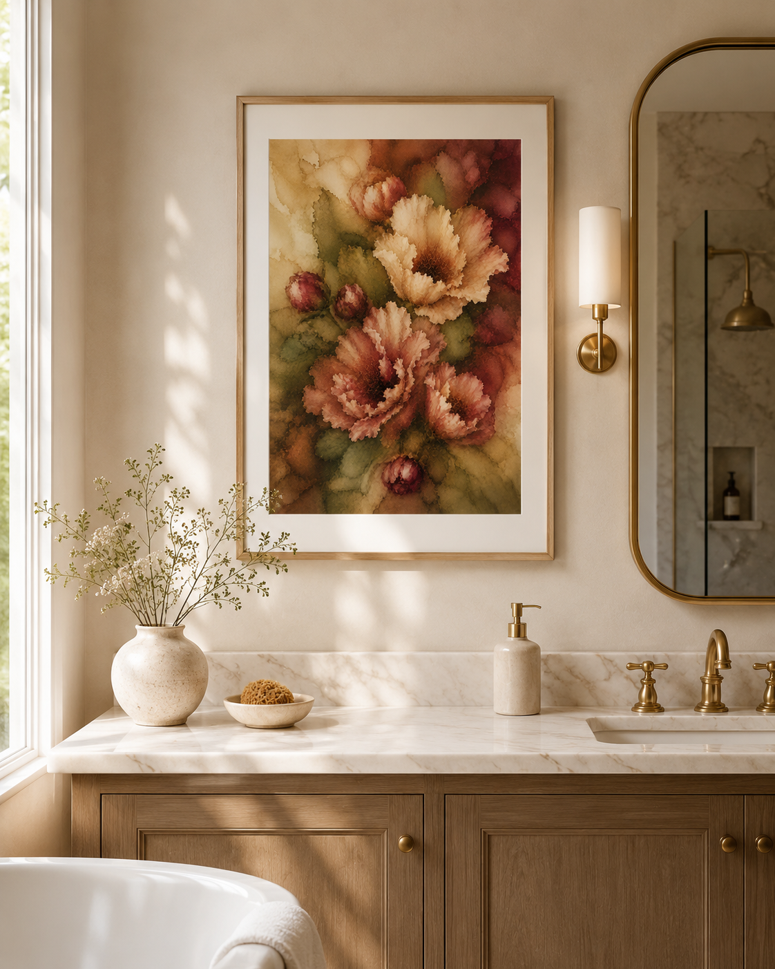 A framed floral wall art print hangs above a bathroom vanity. The artwork features large warm-toned flowers in pink, peach, and rust with green foliage, set in a light wood frame.