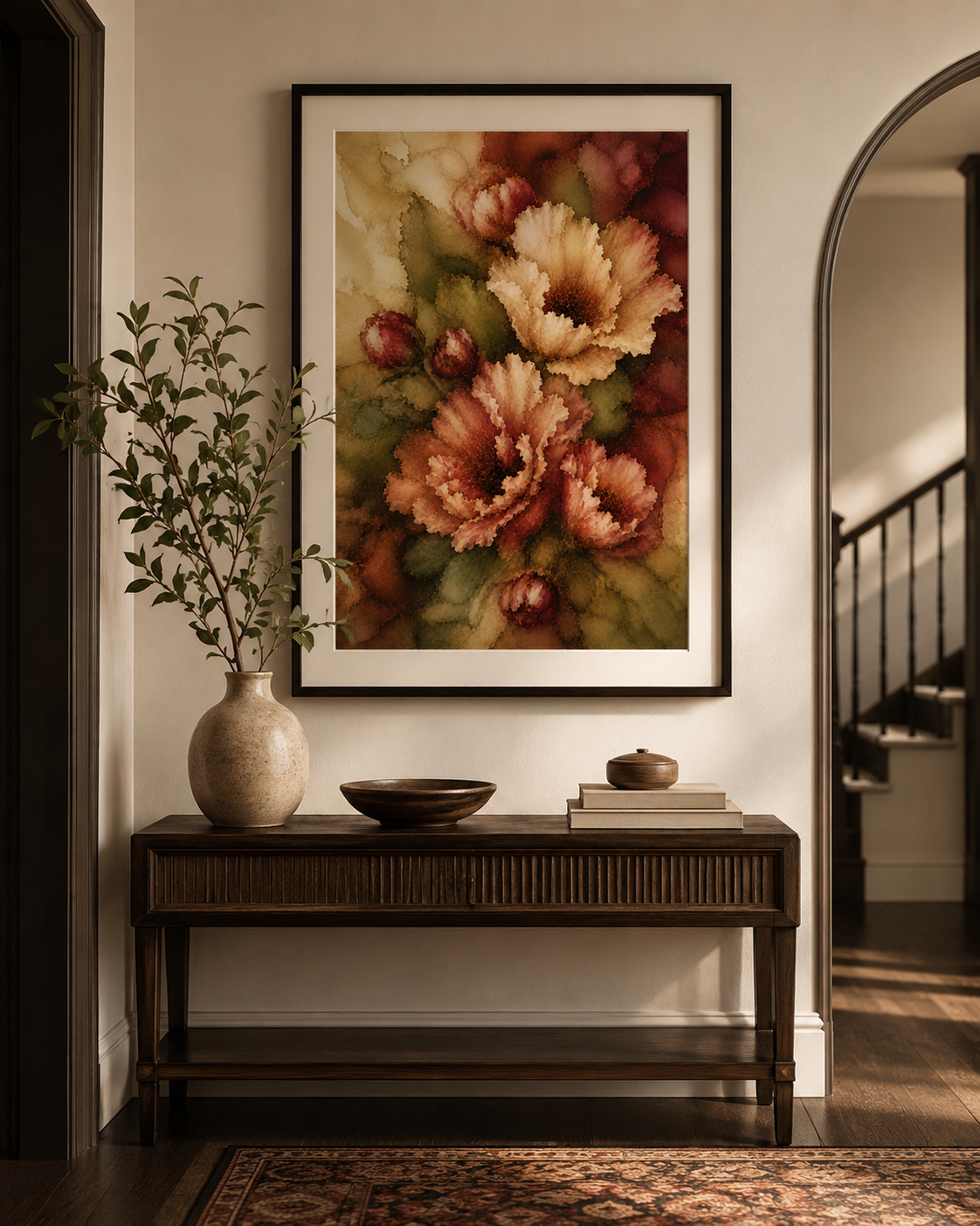 A framed floral wall art print hangs above a dark wood console table in a styled interior. The artwork shows large peony-like flowers in warm cream, peach, rust, and olive tones.