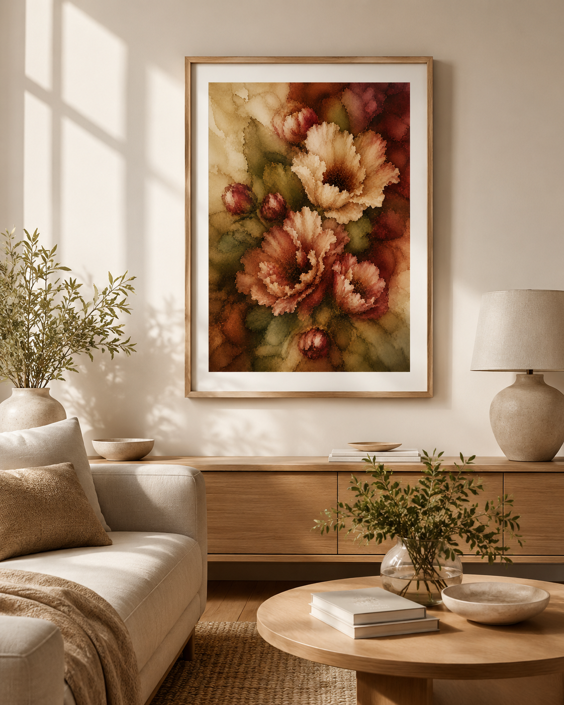 A framed floral wall art print hangs above a wooden console in a softly lit living room. The artwork shows large warm-toned flowers in beige, peach, rust, and olive green with a light wood frame.