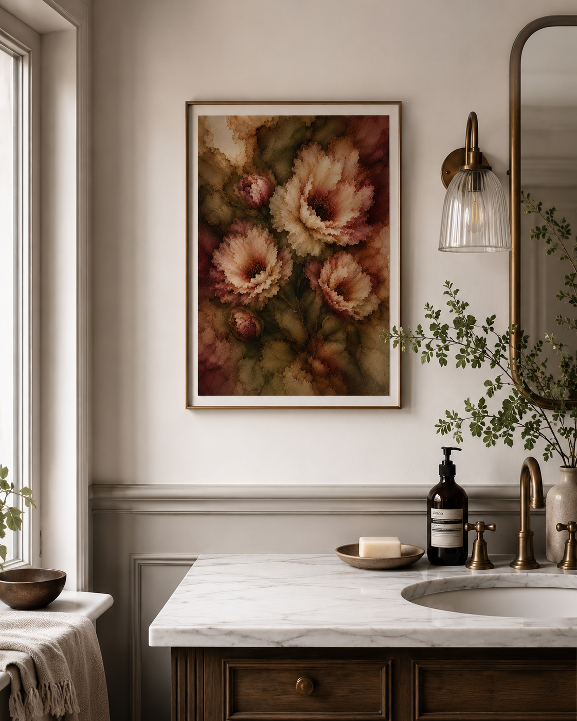 wild love smokey plum floral art print in a bathroom 