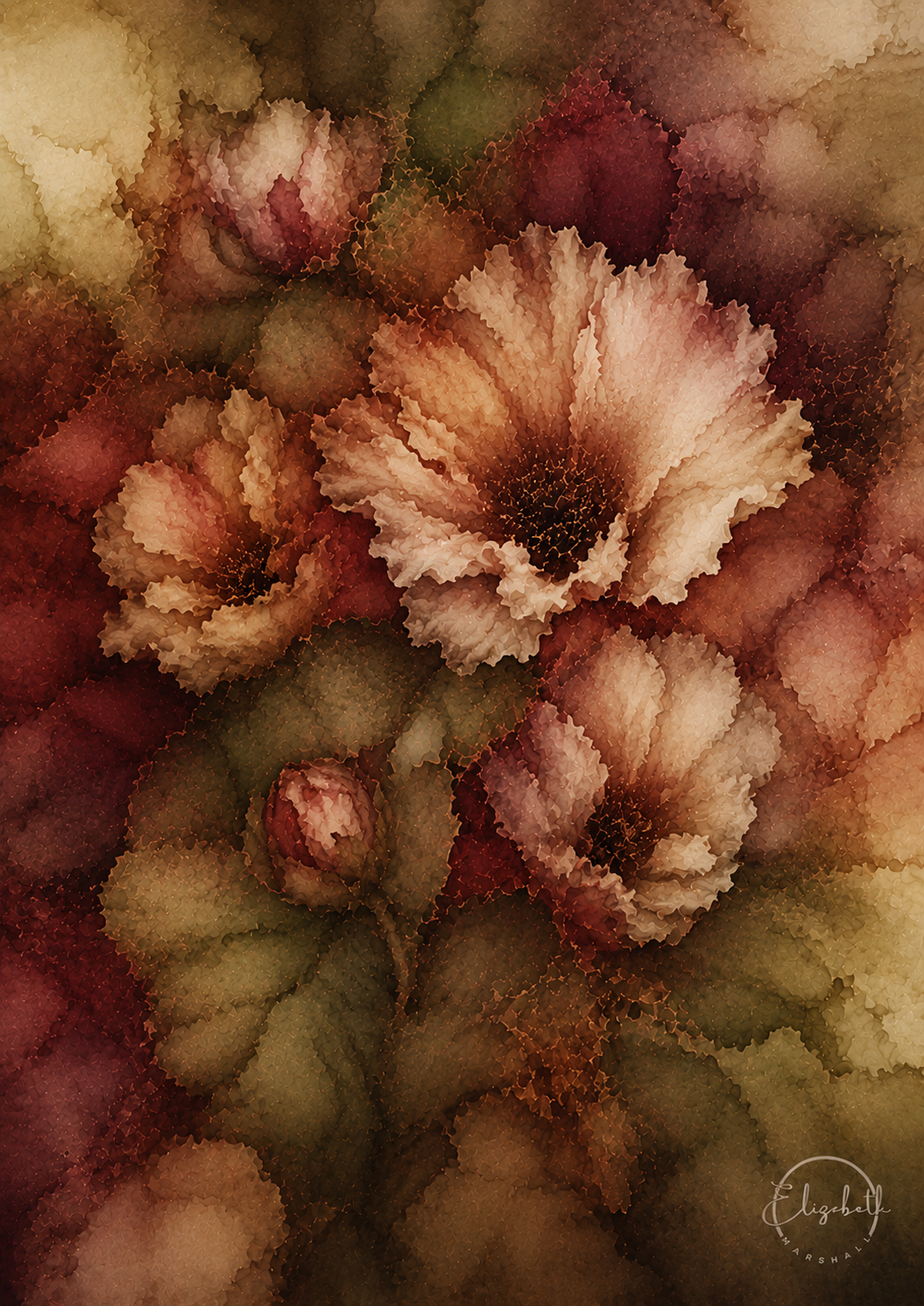 Abstract watercolor-style floral artwork with soft pink, mauve, olive green, and brown tones, featuring ruffled flower shapes and textured leaf-like forms.