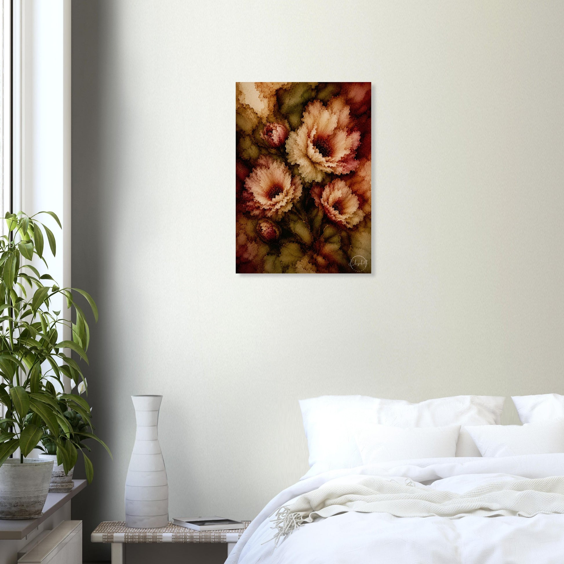 Wild Passion blooms in the half-light, blush and cream petals unfurling against depths of olive green and burgundy, the colours layered and luminous in the way that only alcohol ink can achieve. The blooms are full and unhurried, their edges soft, their centres dark and warm, the whole composition radiating the kind of quiet intensity that makes a room feel like it was decorated by someone who actually knows what they love.