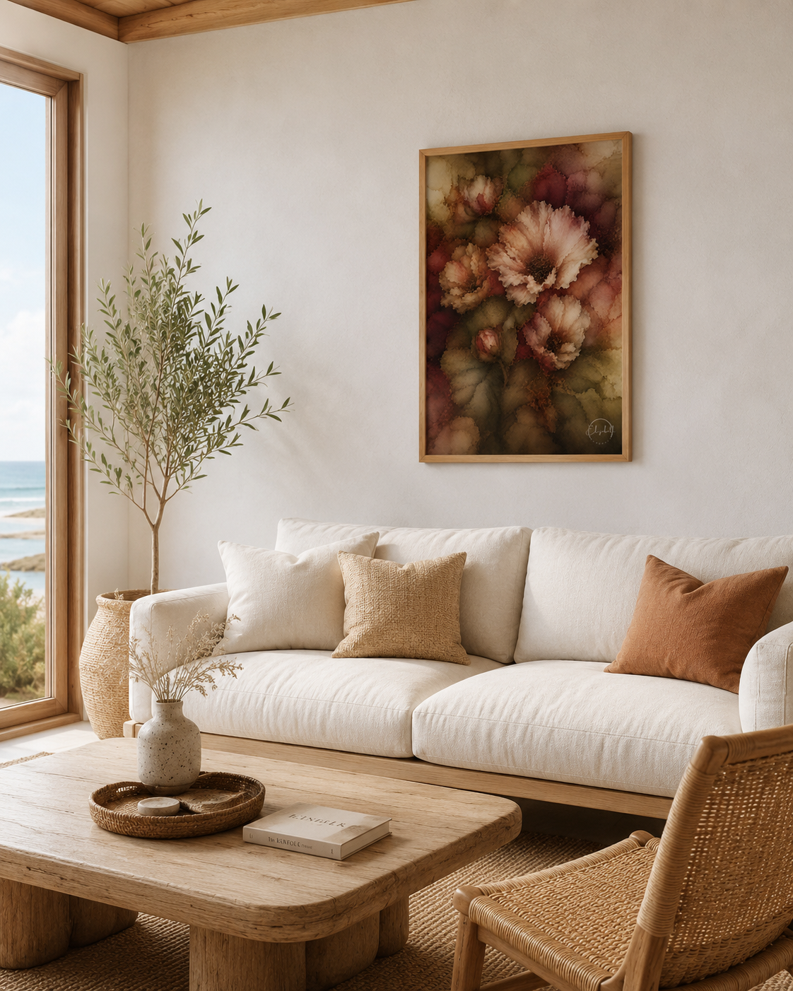 A framed floral art print hangs on a cream wall above a white sofa in a bright, modern boho living room with a wooden coffee table and rattan chair.