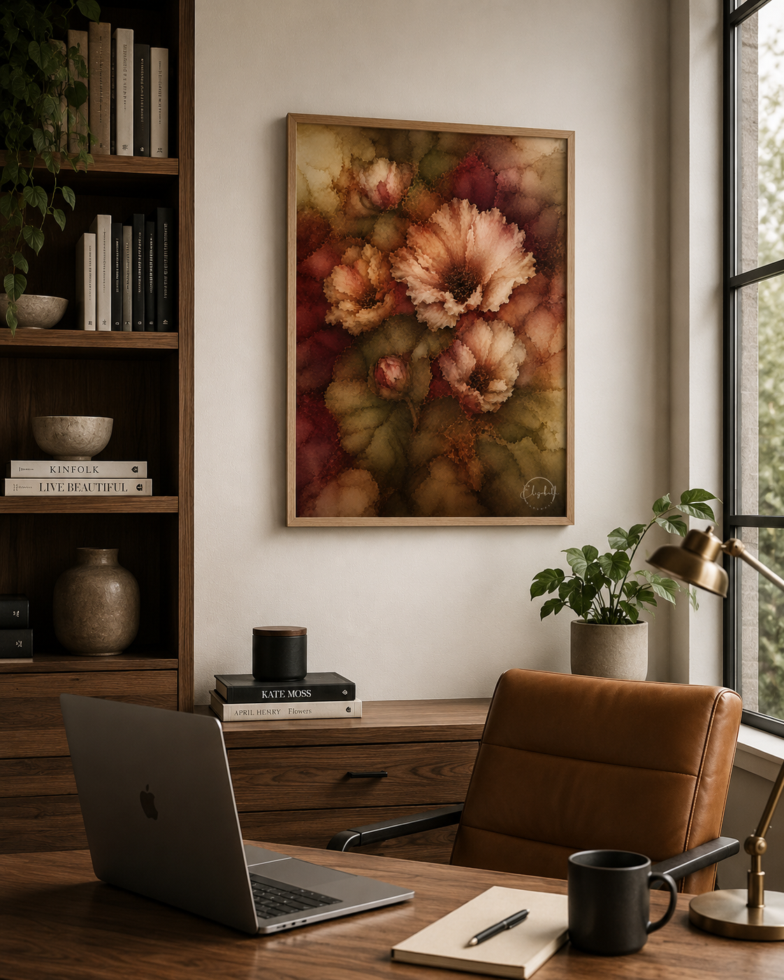 A framed floral art print hangs on a beige wall above a wooden desk in a styled home office. The print features large, soft-focus flowers in warm peach, pink, and brown tones.