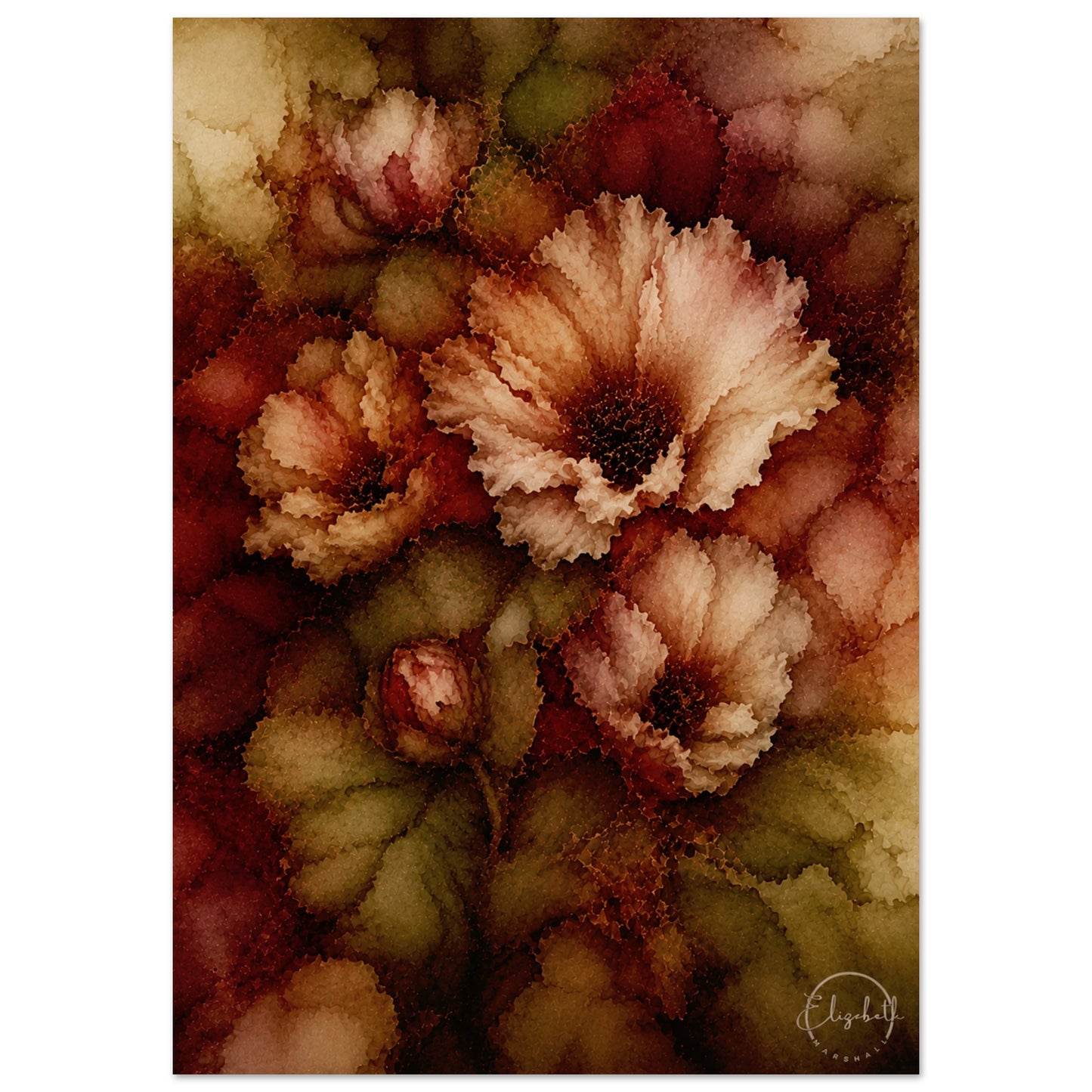 A vertical art print featuring a watercolor-style floral design with large ruffled blossoms in cream, dusty pink, and deep burgundy, surrounded by textured olive and brown leaves. The artwork is presented on a white background with a small artist signature in the bottom right corner.