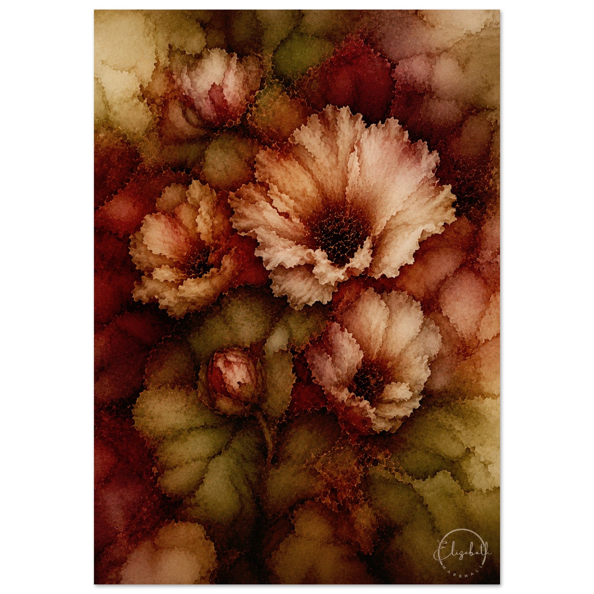 A vertical art print featuring a watercolor-style floral design with large ruffled blossoms in cream, dusty pink, and deep burgundy, surrounded by textured olive and brown leaves. The artwork is presented on a white background with a small artist signature in the bottom right corner.