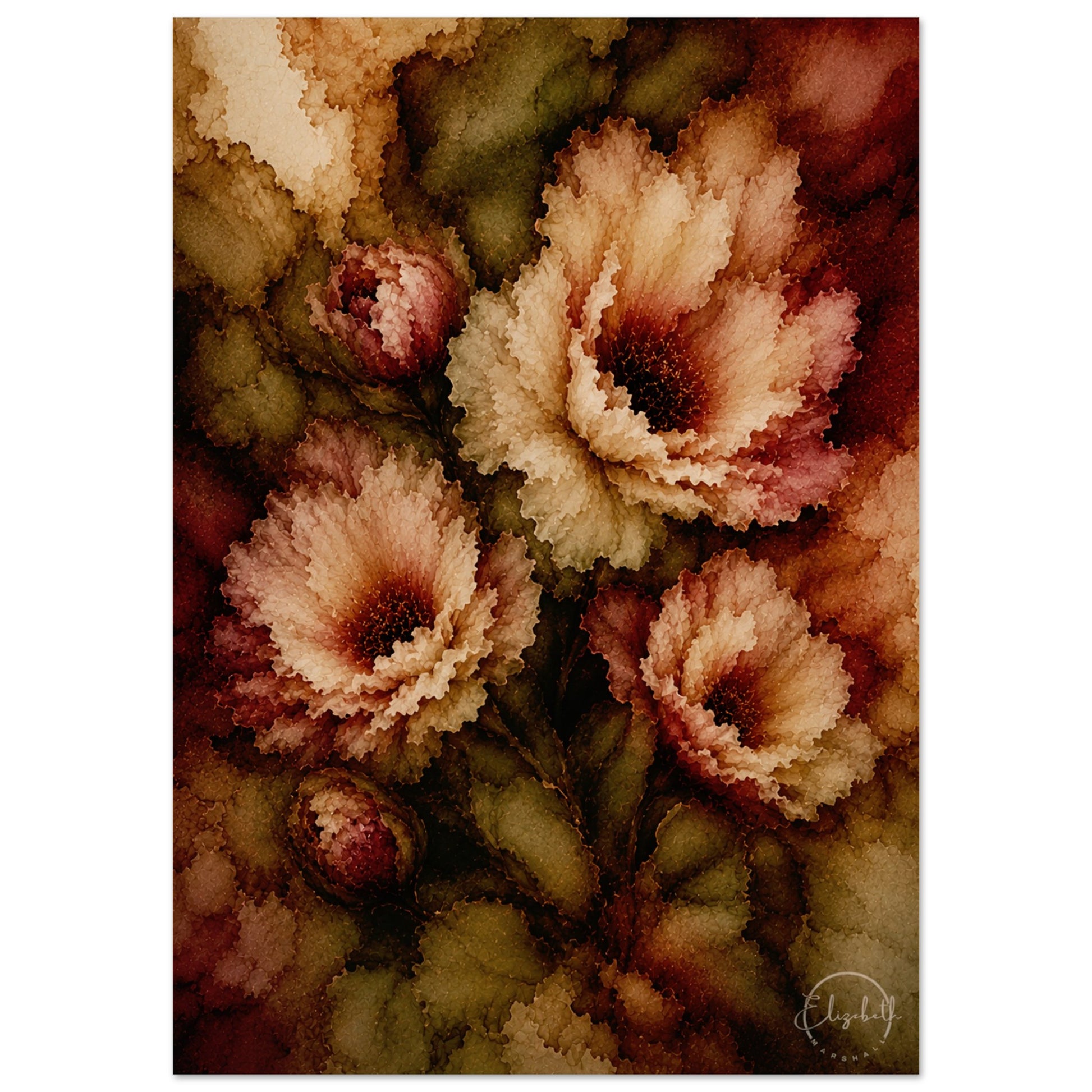 A vertical floral art print featuring three large textured flowers in cream, rust, and burgundy tones against a dark olive and brown background, with a small circular signature in the lower right corner.