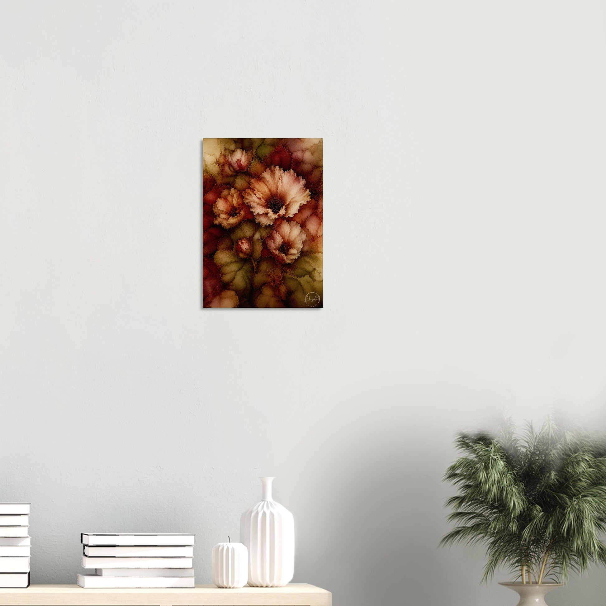 Wild Passion burns slow and warm, rusty reds and creamy blooms layered with the kind of depth that makes a room feel like it has a story. This is a print with heat and drama, the sort that stops you in a doorway.