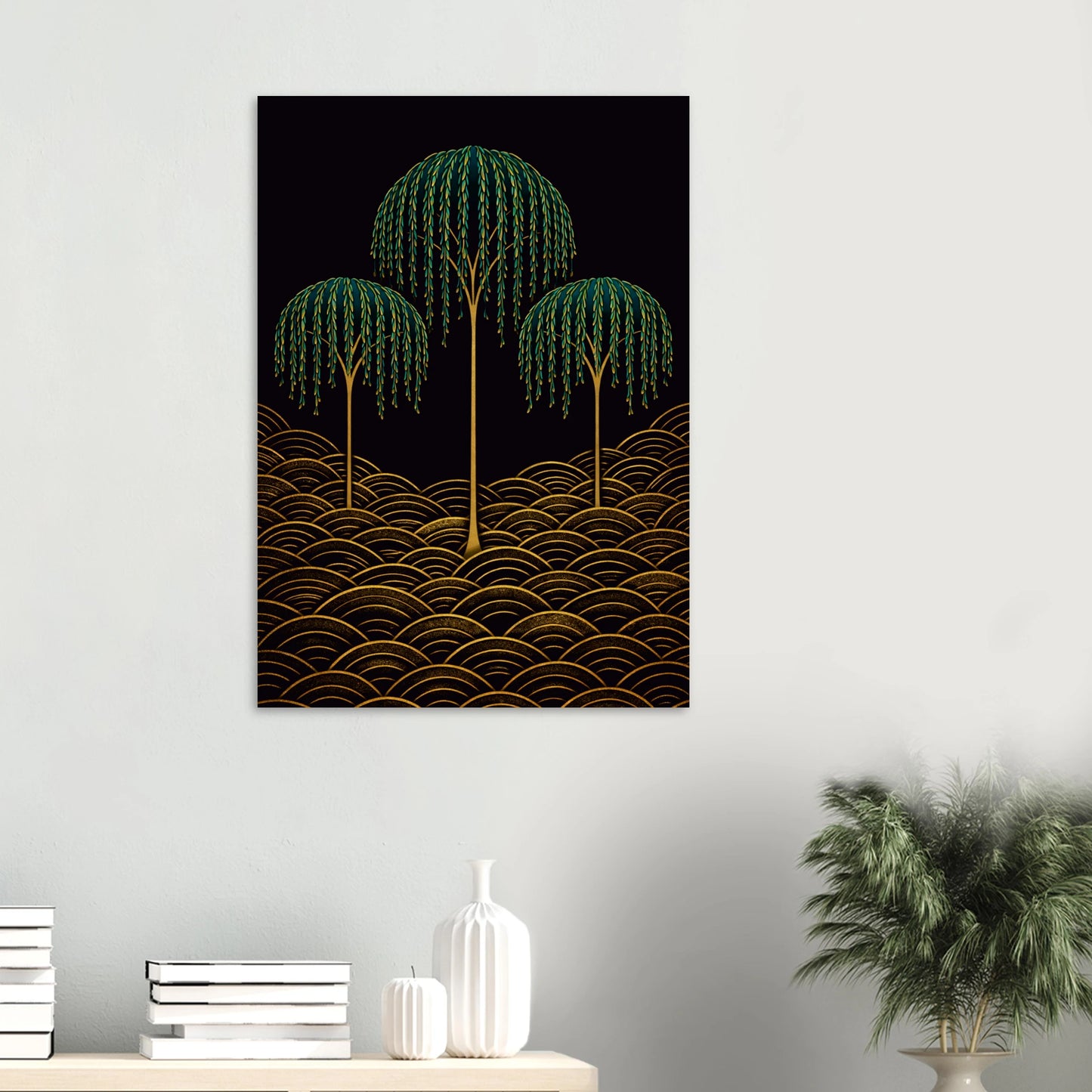 A vertical wall art print featuring three stylized green trees with gold trunks and gold wave-like patterns on a black background, displayed on a light gray wall above a console table with books, vases, and a potted plant.

Willows Whisper in the Night has the quality of stillness. Three weeping willows rise on gold stems from a field of rich golden seigaiha waves, their cascading emerald fronds trailing downward in the dark, their forms graceful and unhurried. There is something deeply calming about this p