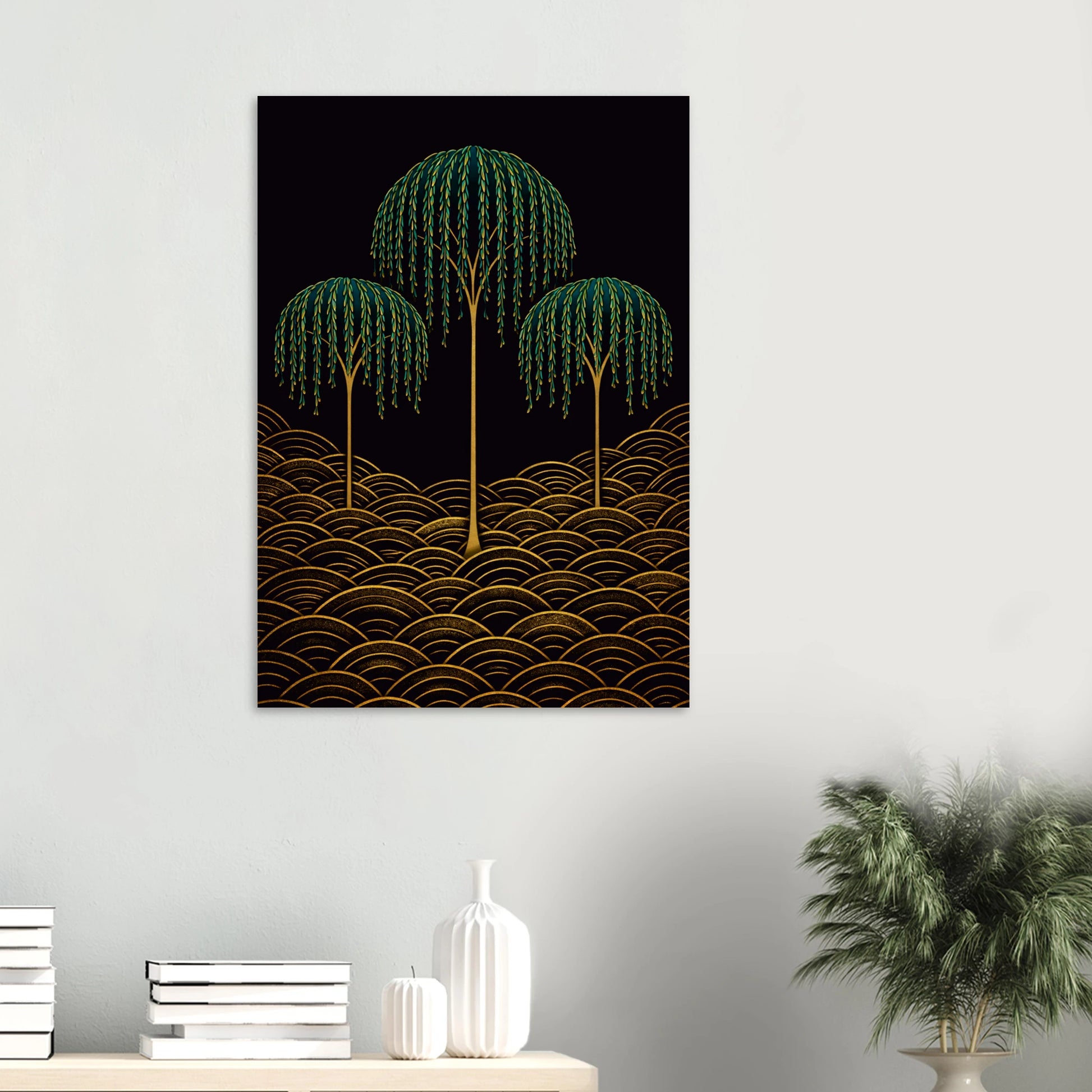 A vertical wall art print featuring three stylized green trees with gold trunks and gold wave-like patterns on a black background, displayed on a light gray wall above a console table with books, vases, and a potted plant.

Willows Whisper in the Night has the quality of stillness. Three weeping willows rise on gold stems from a field of rich golden seigaiha waves, their cascading emerald fronds trailing downward in the dark, their forms graceful and unhurried. There is something deeply calming about this p
