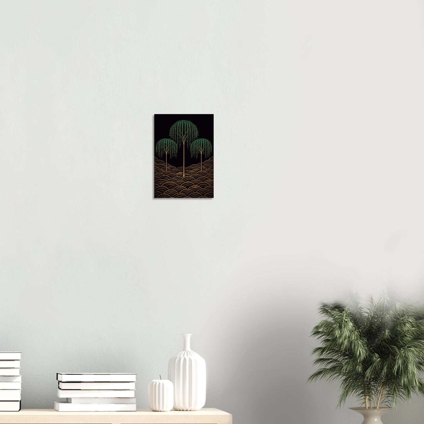 Willows Whisper in the Night has the quality of stillness. Three weeping willows rise on gold stems from a field of rich golden seigaiha waves, their cascading emerald fronds trailing downward in the dark, their forms graceful and unhurried. There is something deeply calming about this print, a sense of stillness and presence, as though the willows have been here for centuries and will remain long after you have gone.