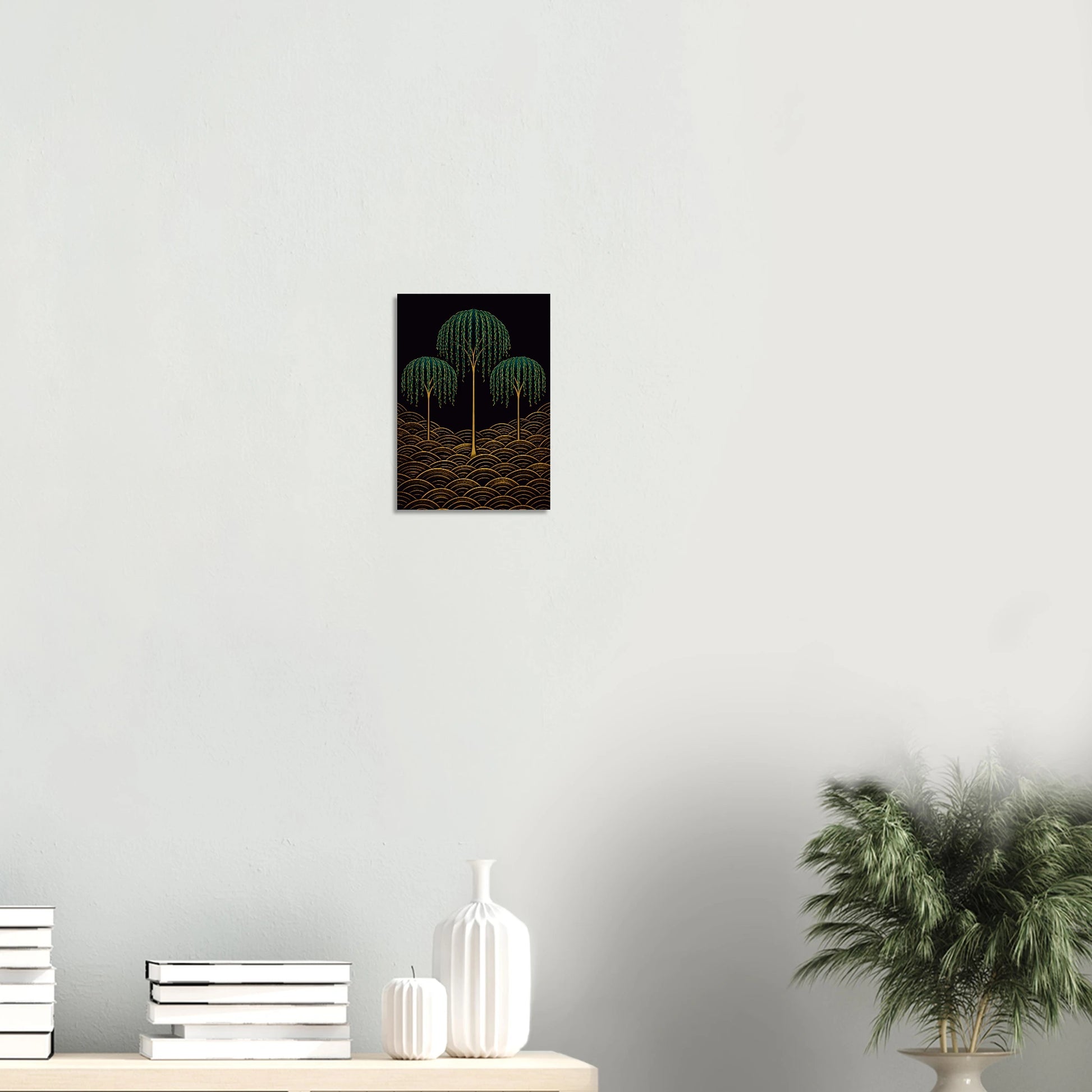Willows Whisper in the Night has the quality of stillness. Three weeping willows rise on gold stems from a field of rich golden seigaiha waves, their cascading emerald fronds trailing downward in the dark, their forms graceful and unhurried. There is something deeply calming about this print, a sense of stillness and presence, as though the willows have been here for centuries and will remain long after you have gone.