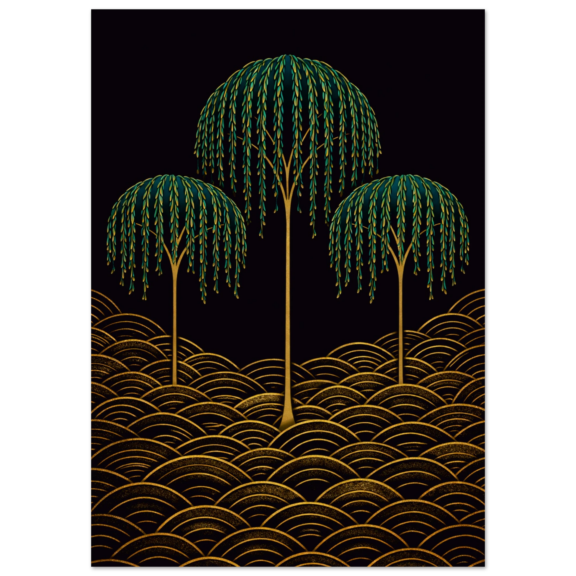 A vertical art print featuring three stylized green trees with gold trunks rising above a repeating gold wave pattern on a solid black background.
