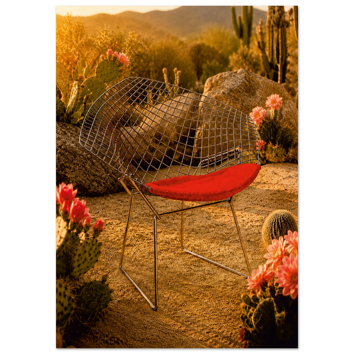 A mid-century modern wire chair with a bright red seat cushion, styled in a desert landscape at sunset with cacti and rocks.

A Diamond in the Desert places an icon exactly where it has no business being, and makes it look completely at home. A Bertoia Diamond Chair-inspired form, its wire-grid shell catching the last of the desert light, sits among saguaro cacti and flowering prickly pear in a landscape of burnt amber, terracotta and deep dusty gold. The red seat pad is the only thing more audacious than t
